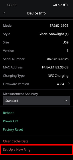Device management menu in the Dr.AI Ring app