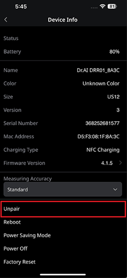 Device management menu in the Dr.AI Ring app