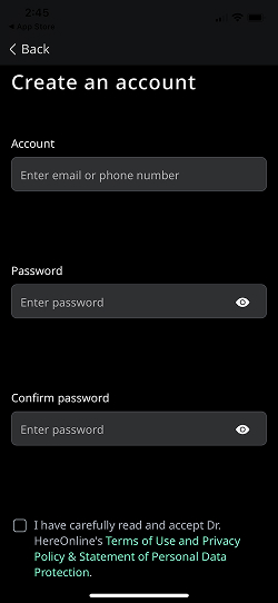 Create a new Dr.AI Ring account screen