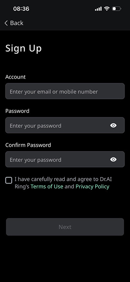 Create a new Dr.AI Ring account screen