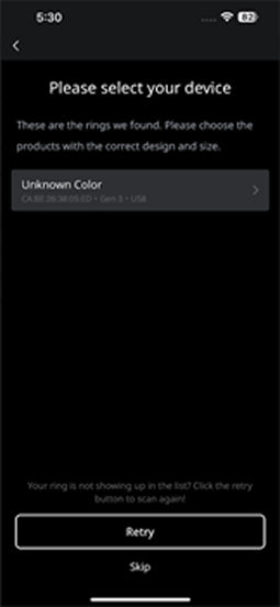 Select ring size and model in the Dr.AI Ring app
